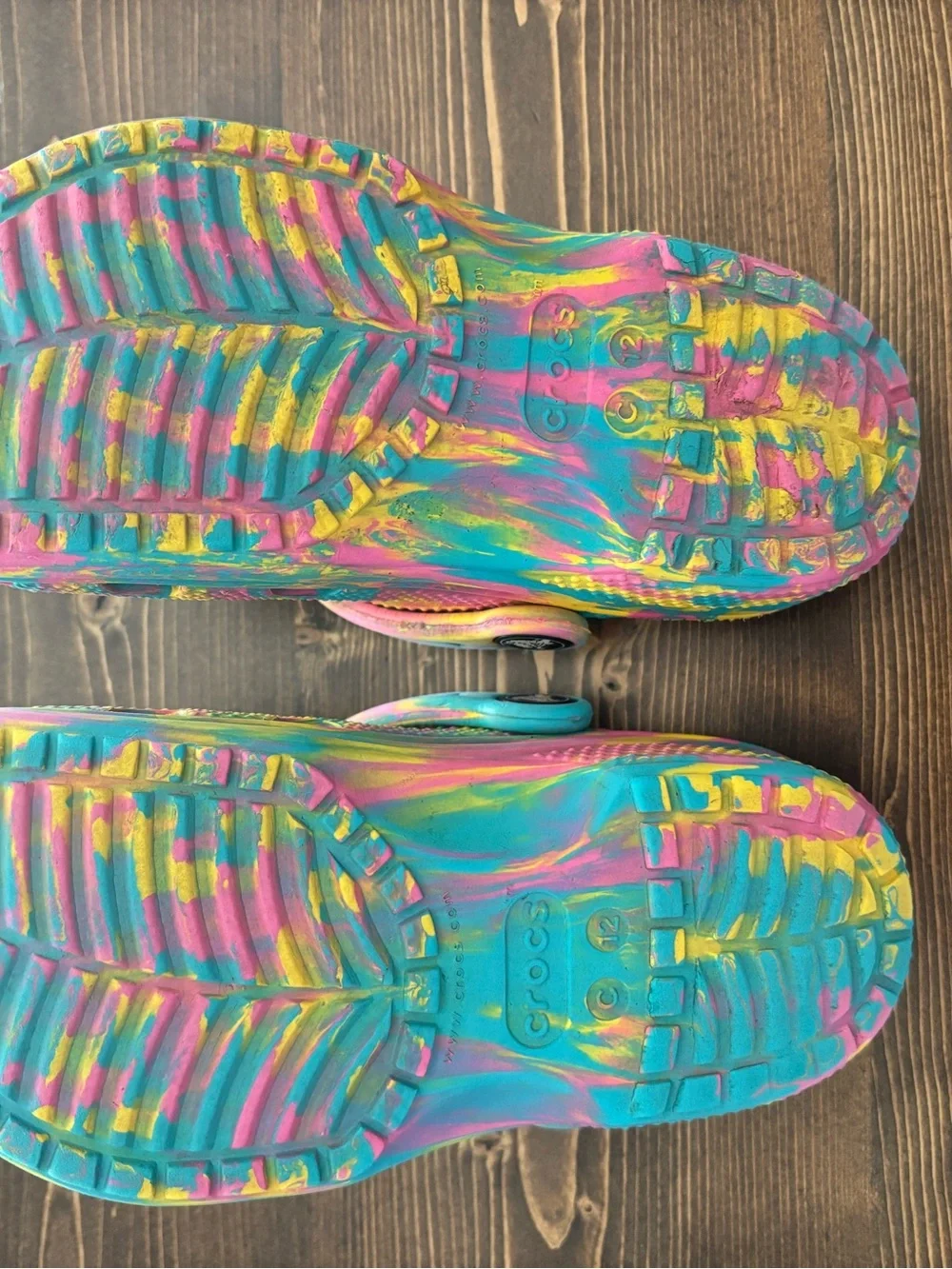 CROCS Kids Teal Water Clogs with Pink and Yellow Swirl
